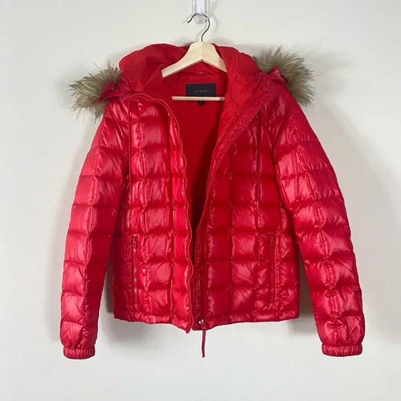 J. Crew Short Quilted Down Puffer Jacket with Faux Fur Trim Hood in Red - M - Picture 4 of 15